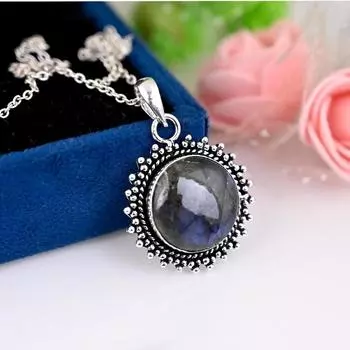 Ожерелье из радужного лабрадорита для лучших друзей. Ожерелье из необработанного лабрадорита, круглый кулон из лабрадорита, броские украшения из лабрадорита. Free Size синий