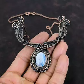 Ожерелье из радужного лунного камня Ожерелье из медной проволоки Ожерелье из натурального драгоценного камня Дизайнерские украшения Ожерелье ручной работы Медные украшения для подарка