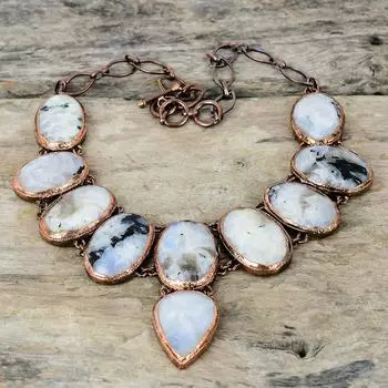 Ожерелье из радужного лунного камня Ожерелье из электроформованной меди Регулируемая цепочка Ожерелье Изысканное ожерелье из драгоценных камней Медные украшения ручной работы для подарка