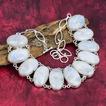 Ожерелье из радужного лунного камня, ювелирные изделия из драгоценных камней, ожерелье из стерлингового серебра 925 пробы, регулируемое красивое ювелирное ожерелье ручной работы Adjustable with 18 inches белый