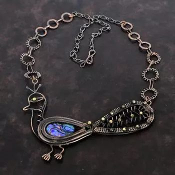 Ожерелье из ракушки морского ушка с драгоценными камнями, медная проволока, обернутая регулируемой цепочкой, ожерелье ручной работы, ожерелье с павлином, антикварные медные украшения, свадебные подарки