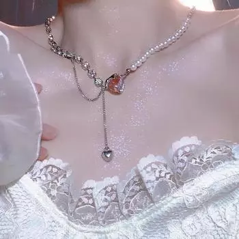 Ожерелье из розового циркония Love Splicing Pearl, женская легкая роскошная высококачественная цепочка на шею, милая нишевая дизайнерская цепочка на ключицу для женщин