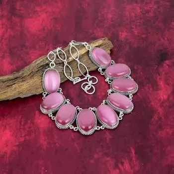 Ожерелье из розового кошачьего глаза, ювелирные изделия из цельного серебра 925 пробы с драгоценными камнями, ожерелье ручной работы для свадебного подарка Adjustable with 18 inches розовый
