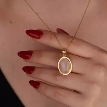 Ожерелье из розового кварца для женщин, овальное женское ожерелье с подвеской из цельного золота 14 карат или серебра, подарок подружке невесты, ожерелье с камнем, рожденным в январе 14-18 Inch розовый