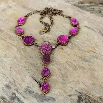 Ожерелье из розового кварца, грубое ожерелье из гальванопластичной меди, ожерелье с драгоценным камнем, регулируемая цепочка, ожерелье из гальванопластичной меди, ювелирные изделия