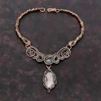 Ожерелье из розового кварца, ожерелье из медной проволоки, радужное ожерелье из лунного камня, изящные медные украшения ручной работы, ожерелье из драгоценных камней, подарок для женщин