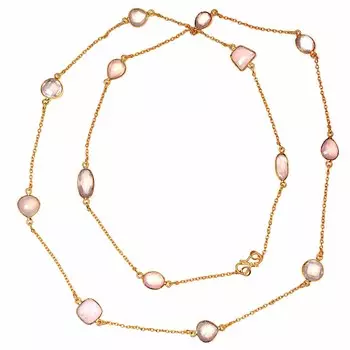 Ожерелье из розового кварца с инкрустированными драгоценными камнями, серебряные украшения ручной работы, 36 дюймов