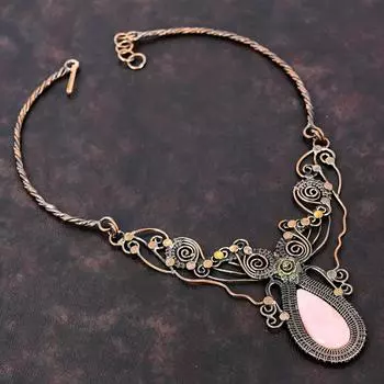 Ожерелье из розового опала Медная проволока Ожерелье с драгоценными камнями Регулируемое ожерелье Ожерелье ручной работы Ювелирные изделия из медной проволоки Женский специальный подарок