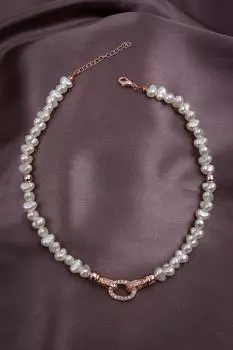 Ожерелье из розового жемчуга с каменной овальной подвеской-кольцом