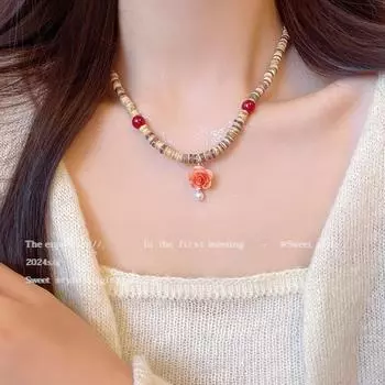 Ожерелье из розового жемчуга в китайском этническом стиле с подвеской из сухоцвета X1537 серебряный