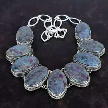 Ожерелье из рубина в синем кианите, винтажное ожерелье из драгоценных камней, ожерелье из стерлингового серебра 925 пробы, регулируемое ожерелье из цепочки, ювелирное изделие ручной работы, подарок для нее