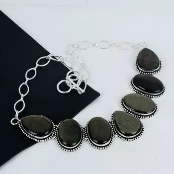 Ожерелье из серебра 925 пробы с золотым обсидианом, серебряное ожерелье с золотым обсидианом для жены, ожерелье унисекс, подарок на день рождения 20 золотистый