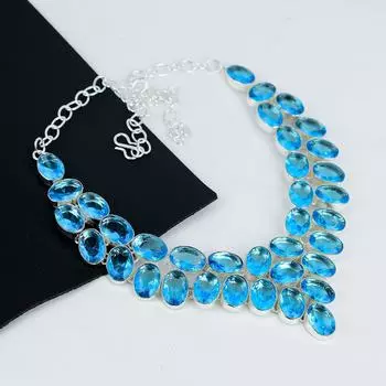 Ожерелье из серебра 925 пробы с драгоценным камнем Swiss Blue Topaz, серебряное ожерелье Swiss Blue Topaz для жены, ожерелье унисекс, подарок на Пасху 20 синий
