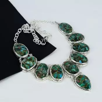 Ожерелье из серебра 925 пробы с гальванопластикой, самоцвет медный малахит, ожерелье унисекс из серебра с медным малахитом для жены, подарки на День матери 20 зелёный