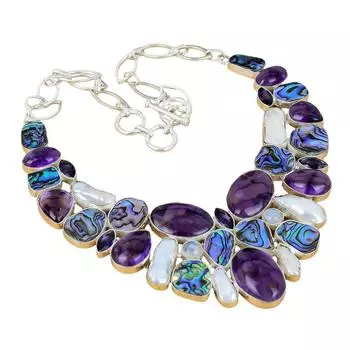Ожерелье из серебра 925 пробы с ракушкой абалон, лунным камнем, жемчугом, аметистом, ручная работа Ожерелье из серебра 925 пробы с натуральными штампованными драгоценными камнями и ракушкой абалон 18 фиолетовый