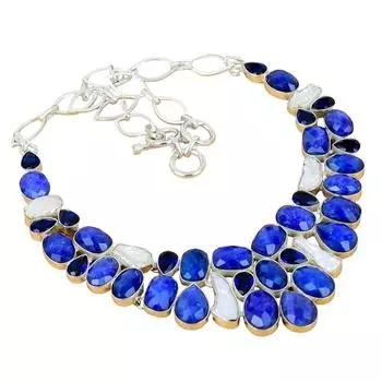 Ожерелье из серебра 925 пробы с синим сапфиром, речным жемчугом, синим топазом, ручная работа Ожерелье из серебра 925 пробы с натуральным сапфиром и штампованным драгоценным камнем 18 синий