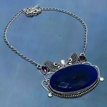 Ожерелье из серебра 925 пробы с натуральным сапфиром и аметистом 18 дюймов k4G90