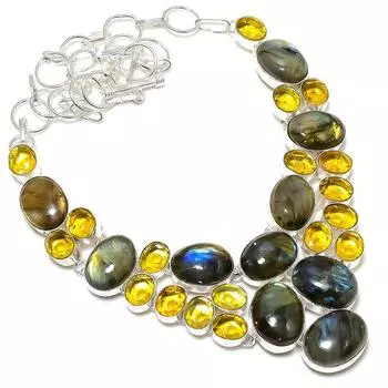 Ожерелье из серебра 925 пробы с драгоценным камнем лабрадоритом ручной работы 18 дюймов M1f51 чёрный