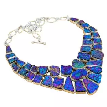 Ожерелье из серебра 925 пробы с павлиньими титановыми друзами, ручная работа, ожерелье из серебра 925 пробы с штампованным драгоценным камнем и натуральным титановым друзами для подарка 18 синий