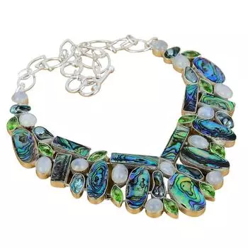 Ожерелье из серебра 925 пробы с ракушкой абалон, лунным камнем, жемчугом, перидотом, ручная работа Ожерелье из серебра 925 пробы с штампованным драгоценным камнем и ракушкой абалон 18 белый