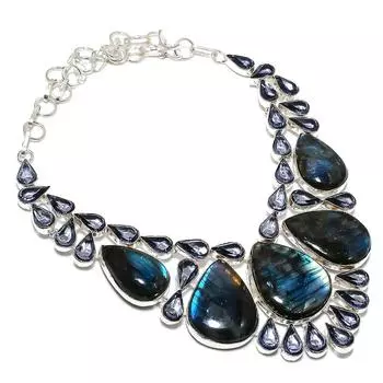 Ожерелье из серебра 925 пробы с натуральным лабрадоритом и аметистом 18 дюймов V6v81