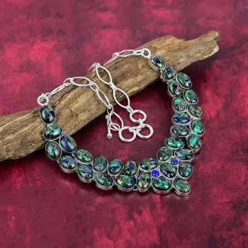 Ожерелье из серебра 925 пробы с медным азуритом и малахитом, с регулируемой цепочкой, ювелирное ожерелье ручной работы с драгоценными камнями на День памяти Adjustable With 18 Inches синий