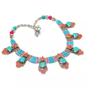 Ожерелье из серебра 925 пробы с тибетской бирюзой и кораллами, 18 дюймов, e2h11