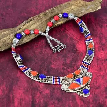 Ожерелье из серебра 925 пробы с лазуритом, коралловым драгоценным камнем, серебряные ювелирные изделия, старинное ожерелье в стиле Богемии, ювелирные изделия ручной работы, непальское ожерелье в подарок жене 18 Inches синий
