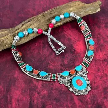 Ожерелье из серебра 925 пробы с бирюзой и кораллами, тибетское серебряное ожерелье, старинное ожерелье, ювелирные изделия ручной работы, непальское ожерелье в подарок жене 18 Inches синий