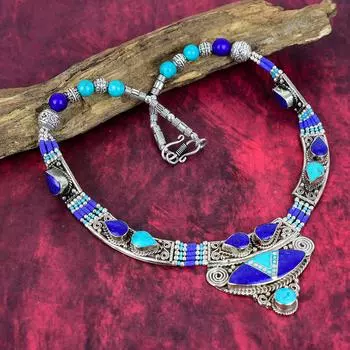 Ожерелье из серебра 925 пробы с бирюзой и лазуритом, тибетское серебряное ожерелье в стиле бохо, ожерелье ручной работы в непальском стиле, подарок жене 18 Inches синий
