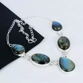 Ожерелье из серебра 925 пробы с натуральным лабрадоритом, серебряное ожерелье с лабрадоритом для жены, ожерелье унисекс, праздничный подарок 20 синий