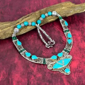 Ожерелье из серебра 925 пробы со спящим бирюзовым камнем, серебряные ювелирные изделия, старинное ожерелье в стиле Богемии, ювелирные изделия ручной работы, непальское ожерелье в подарок жене 18 Inches синий