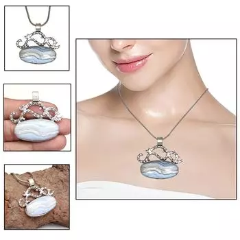 Ожерелье из серебряного агата с кружевом и синим драгоценным камнем, подарочная подвеска, ювелирное изделие 18 дюймов