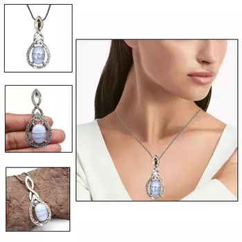 Ожерелье из серебряного агата с кружевом и синим драгоценным камнем, подарочная подвеска, ювелирное изделие 18 дюймов