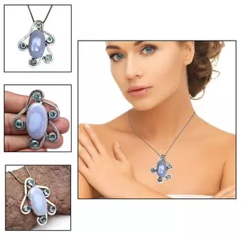 Ожерелье из серебряного агата с кружевом и синим драгоценным камнем, подарочная подвеска, ювелирное изделие 18 дюймов