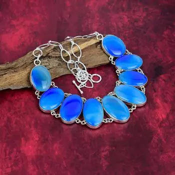 Ожерелье из синего кошачьего глаза, ожерелье из цельного серебра 925 пробы, ювелирные изделия, ожерелье ручной работы с регулируемой цепочкой Adjustable with 18 inches синий