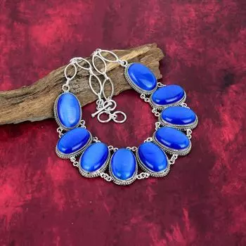 Ожерелье из синего кошачьего глаза, ожерелье из цельного серебра 925 пробы, ювелирные изделия, ожерелье ручной работы с регулируемой цепочкой Adjustable with 18 inches синий