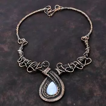 Ожерелье из синего кружева с агатом, ожерелье из медной проволоки, регулируемое ожерелье, потрясающие ювелирные изделия из драгоценных камней, подарок на помолвку, медные украшения ручной работы