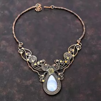 Ожерелье из синего кружева с агатом, ожерелье из медной проволоки, регулируемое ожерелье, ожерелье из драгоценных камней, медное ювелирное изделие, подарок для женщин, ожерелье ручной работы