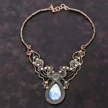 Ожерелье из синего шеелита с драгоценным камнем, ожерелье из медной проволоки, регулируемое ожерелье, ожерелье ручной работы, ювелирное изделие из медной проволоки, подарок на помолвку