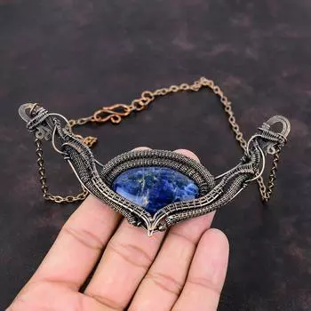 Ожерелье из содалита, ожерелье из медной проволоки, регулируемое цепочное ожерелье, драгоценные камни, медные украшения, ожерелье ручной работы, антикварные украшения для подарка