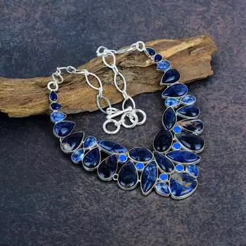 Ожерелье из содалита, танзанита, оникса, ожерелье ручной работы из стерлингового серебра 925 пробы с драгоценными камнями, замечательные ювелирные изделия, подарок для антикварных ювелирных изделий Adjustable with 18 inches синий