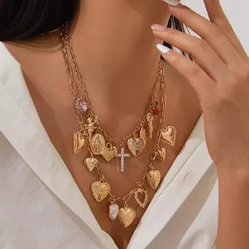 Ожерелье из сплава с подвеской «Любовь в европейском и американском стиле» с цепочкой из бриллиантового креста на ключице, стиль «Стек» 5481 золотой