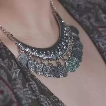 Ожерелье из старинных золотых монет, цепочка на ключицу из монет, этнические туристические украшения, аксессуары One Size серебряный