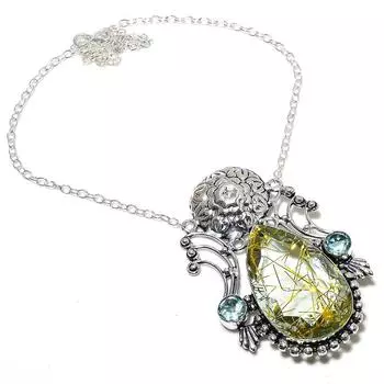 Ожерелье из стерлингового серебра 925 пробы с натуральным золотым рутилом и голубым топазом, 18 дюймов, N0e63