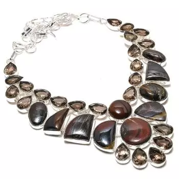 Ожерелье из стерлингового серебра 925 пробы с натуральным железным тигровым глазом и камнем дымчатого топаза 18 дюймов F4p05