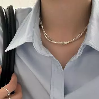 Ожерелье из стерлингового серебра 925 пробы с двойным слоем обернутого дробленого серебра из натурального рисового жемчуга Простой и модный многослойный воротник-шейная цепочка Adjustable size