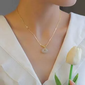 Ожерелье из стерлингового серебра 925 пробы, винтажное ожерелье из нефрита Хэтянь с безопасным замком, цепочка на ключицу Ruyi Xiangyun