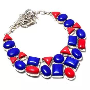 Ожерелье из стерлингового серебра 925 пробы с натуральным лазуритом и кораллом, 18 дюймов m3U87