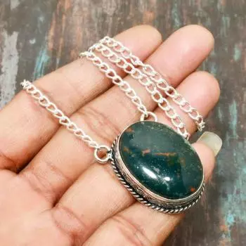 Ожерелье из стерлингового серебра 925 пробы с кровавым камнем и удивительным ювелирным изделием ручной работы 20 Inches зелёный